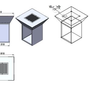May include: Technical drawing of a square structure with dimensions in millimeters. The structure has a square top with a recessed grill, a rectangular body, and a flared top. The dimensions are 810mm x 810mm, 914mm height, and 510mm width.