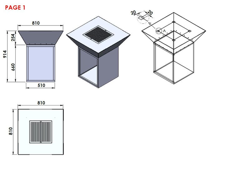 May include: Technical drawing of a square structure with dimensions in millimeters. The structure has a square top with a recessed grill, a rectangular body, and a flared top. The dimensions are 810mm x 810mm, 914mm height, and 510mm width.