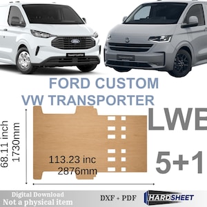 Könnte beinhalten: Eine digitale Vorlage für einen Ford Custom und VW Transporter LWB 5+1 Transporterboden mit hellem Holzmaserungsmuster. Die Grafik zeigt Abmessungen von 1730mm mal 2876mm sowie Textbeschriftungen für Fahrzeugmodelle und Dateiformate.