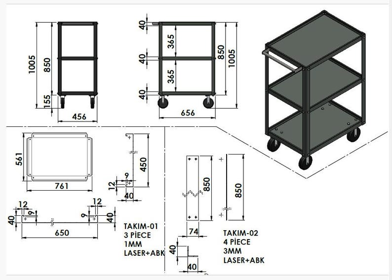 May include: A technical drawing of a three-tier utility cart with wheels, showing dimensions in millimeters. The cart features a frame, three shelves, and a handle. Text labels include TAKIM-01 3 PIECE 1MM LASER+ABK and TAKIM-02 4 PIECE 3MM LASER+ABK.