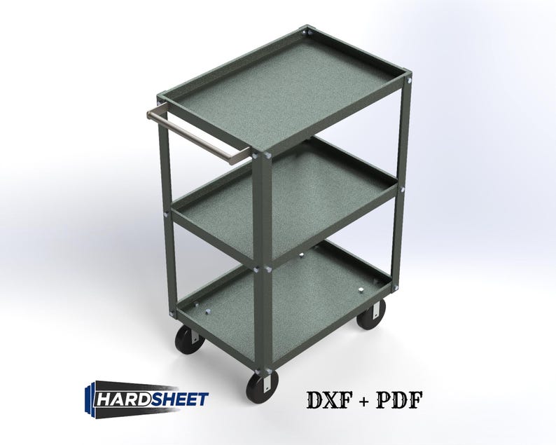 May include: A three-tier utility cart with a dark gray finish, featuring a rectangular frame, three flat shelves with raised edges, a horizontal handle on one side, and four black swivel casters. The text HARDSHEET DXF + PDF is visible.