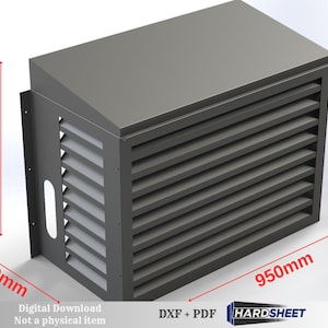 Op de afbeelding: Een grijze rechthoekige metalen structuur met horizontale lamellen en een massieve bovenkant. De afmetingen zijn 950 mm lang, 750 mm hoog en 450 mm breed. De tekst "DXF + PDF" en "HARD SHEET" is inbegrepen.