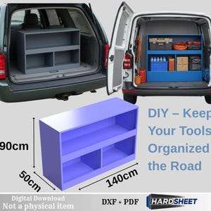 May include: A light purple DIY storage shelf, 50cm high, 140cm wide, and 90cm tall, designed to keep tools organized. The image shows the shelf in a vehicle. Text on the image reads "DIY - Keep Your Tools Organized on the Road."