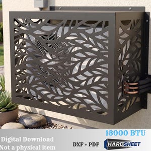 May include: A dark brown metal air conditioner cover featuring a laser-cut leaf pattern. The rectangular enclosure surrounds a white air conditioning unit. Text on the image reads: 18000 BTU, Digital Download, Not a physical item, DXF + PDF, HARDSHEET.