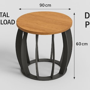 May include: A round side table with a light brown wooden top and black metal base. The table is 35 inches wide and 24 inches tall. The words "DIGITAL DOWNLOAD" and "DXF PDF" are printed on the image.
