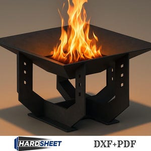 Könnte beinhalten: Ein schwarzer, geometrischer Feuerkorb mit quadratischer Schale und dekorativen Stützen. Helle orangefarbene Flammen steigen aus der Mitte auf. Das Bild enthält den Text "HARD SHEET" und "DXF+PDF".