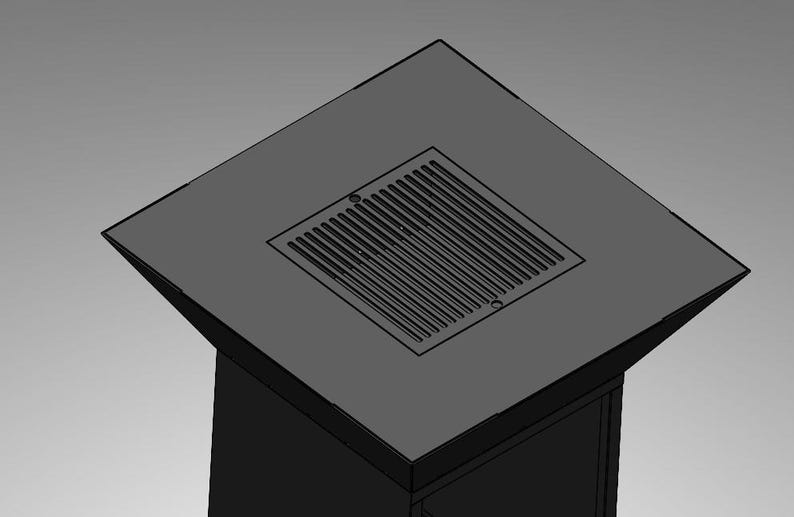 May include: A dark gray, geometric, architectural structure with a square top and a rectangular recessed vent. The vent has parallel lines. The structure appears to be a modern design, possibly for outdoor use.