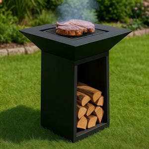 May include: A black outdoor grill with a square top and a lower storage area for firewood. A steak is grilling on the top grate, with smoke rising. The grill is set on a green lawn.