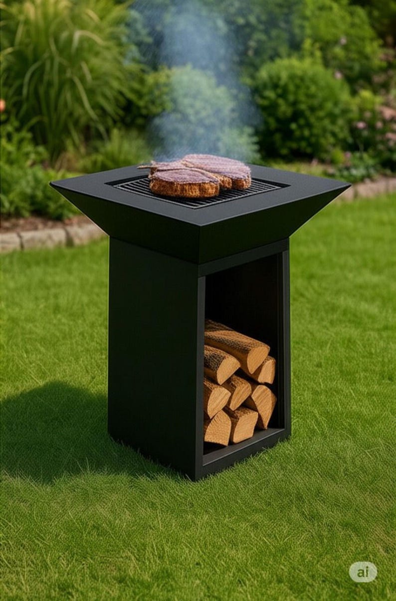 May include: A black outdoor grill with a square top and a lower storage area for firewood. A steak is grilling on the top grate, with smoke rising. The grill is set on a green lawn.