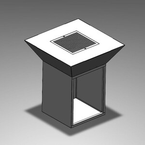 May include: A grayscale rendering of a modern, geometric fire pit design. The structure features a square base with an open front, supporting a wider, angled top with a recessed grill. The design is minimalist and contemporary.