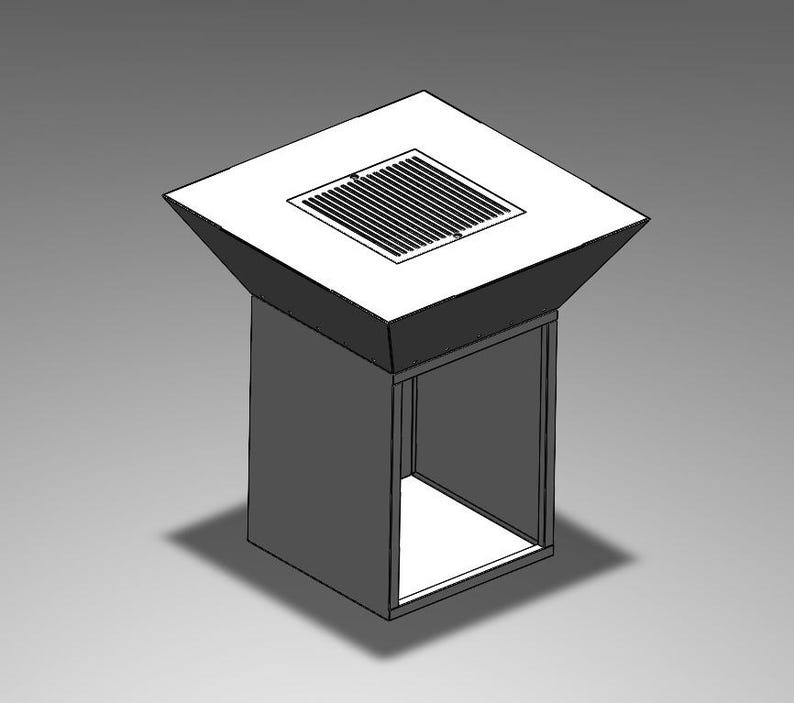 May include: A grayscale rendering of a modern, geometric fire pit design. The structure features a square base with an open front, supporting a wider, angled top with a recessed grill. The design is minimalist and contemporary.