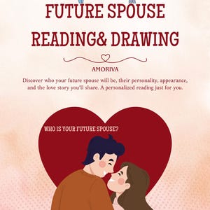 Könnte beinhalten: Digitale Illustration, die eine "Zukünftige Ehepartner-Lesung & Zeichnung" bewirbt. Das Design zeigt Text, Tierkreiszeichen und ein Paar, das sich in einem Herzen umarmt, mit dem Text "WHO IS YOUR FUTURE SPOUSE?"