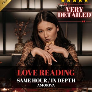 以下が含まれることがあります： 金色の箱を持つ女性。テキストは「LOVE READING SAME HOUR / IN DEPTH AMORIVA」と書かれています。画像には「BEST SELLER」バナーと、5つの金色の星が付いた「VERY DETAILED」テキストがあります。