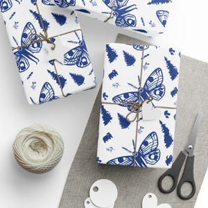 Mothman Cryptid Wrapping Paper, Blue White Gothic Packaging, Spooky Paranormal Gift Wrap