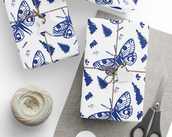 Mothman Cryptid Wrapping Paper, Blue White Gothic Packaging, Spooky Paranormal Gift Wrap