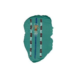 Peut inclure: Peinture abstraite d'un nageur dans une piscine. Le nageur est au centre de l'image, les bras tendus, portant un bonnet de bain bleu et un short de bain rouge. La piscine est turquoise avec des lignes d'eau blanches, rouges et bleues.