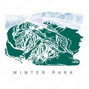 May include: A teal and white illustration of a ski resort map with the text "WINTER PARK" at the bottom. The map shows ski runs and mountain peaks in the background, all on a white background.