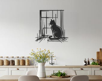 Cat Window Metal Wall Art – Modern Feline Silhouette Decor