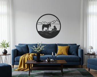 Cowboy and Horse Metal Wall Art – Rustic Western Ranch Decor
