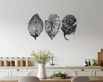 Trío de arte mural con hojas de metal: set decorativo con siluetas botánicas
