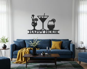 May include: A black metal wall art piece featuring silhouettes of three cocktail glasses and the words "HAPPY HOUR". The artwork is mounted above a blue sofa with yellow pillows and a wooden coffee table.