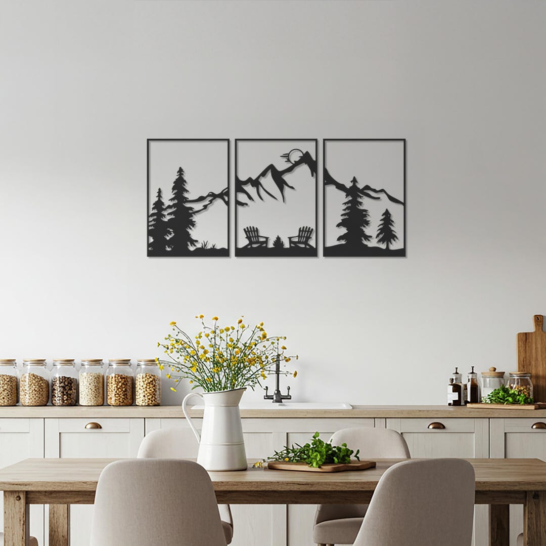 Mountain Scene Metal Wall Art Set | 3-panel Cabin Wall Decor With ...