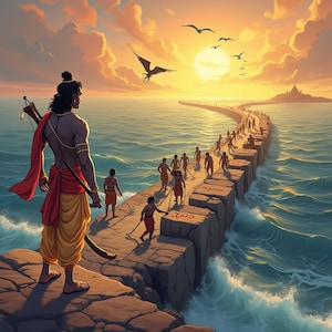 Väggkonst Ram Setu | Ramayana-inspirerad gudomlig broposter | Hinduisk mytologi andlig dekor | Lord Ram Ocean Crossing