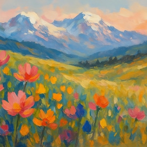 Wildflower Meadow Landscape Print – Snowy Mountain Wall Art – Colorful Nature Painting for Home Decor, flower field meadow, 300 dpi