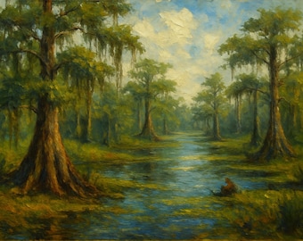 Louisiana Swamp Wall Art – Impasto Cypress Tree Landscape Print, Bayou Nature Painting, Southern Wetland Decor, Digital Download