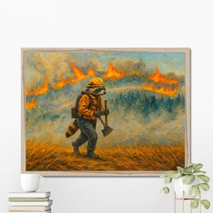 May include: A framed art print depicts a raccoon in a firefighter's uniform, walking through a field with a burning forest in the background. The raccoon wears a yellow hard hat, sunglasses, and carries an axe. The artwork has a painterly style with warm colors.
