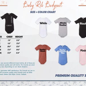 a baby bodysuit with different colors and sizes