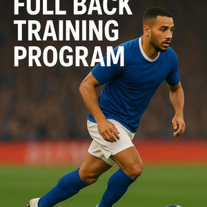 Może przedstawiać: Piłkarz w niebieskiej koszulce i białych spodenkach biegnie w kierunku piłki na zielonym boisku. Tekst "ATTACKING FULL BACK TRAINING PROGRAM" znajduje się na górze, a "PHASE NINE" na dole.