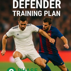 May include: Image of a soccer training plan titled "CENTRAL DEFENDER TRAINING PLAN." Two soccer players are in action, one in white and the other in blue. A soccer ball is on the ground. The text "PHASE NINE" is also visible.