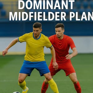 Może przedstawiać: Dwóch piłkarzy na zielonym boisku. Jeden w żółtej koszulce i niebieskich spodenkach, drugi w czerwonym stroju. Piłka nożna jest w grze. Tekst brzmi: "9 Phase Nine Dominant Midfielder Plan" i "4 Weeks to Take Hold of Midfield."