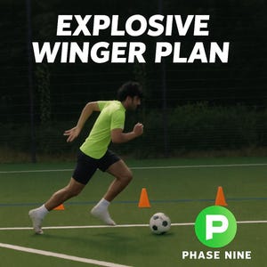Może przedstawiać: Osoba w neonowo-zielonej koszulce i czarnych szortach biegnie po zielonym boisku w kierunku piłki nożnej. Obraz zawiera tekst "EXPLOSIVE WINGER PLAN" i "PHASE NINE". Pomarańczowe pachołki są umieszczone na boisku.