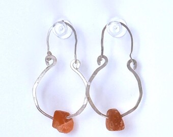 Hammered Sterling Silver Hoop Earrings with Carnelian Bead