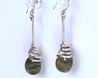 Epidote Drop Earrings Wrapped in Silver Spirals
