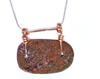 Unakite Pendant With Copper Bail on Sterling Silver Snake Chain