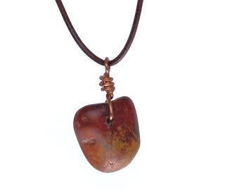 Polished Jasper Pendant with Copper Bail on Leather Cord