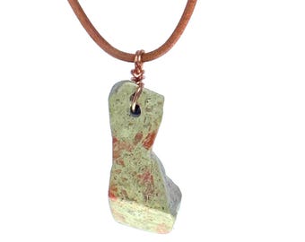 Unakite Pendant Necklace with Copper Bail and Leather Cord