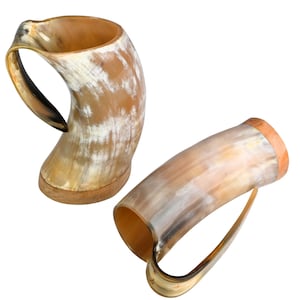 Viking Horn Mugs Set of 2 – Handmade Natural Drinking Tankards with Wooden Base | Medieval Mead Cups for Beer, Ale, Gifting & Decor