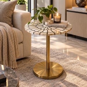 Handgemaakte martini-tafel met inlegwerk, ronde bijzettafel met voetstuk, ambachtelijke bijzettafel, boho-meubel, decoratieve bijzettafel voor naast de bank
