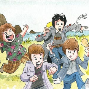 May include: Watercolor illustration of four cartoon figures running near a beach. One figure holds a red cup, another a scroll, and a third a small object. The fourth figure is reaching for a spring-like object. The figures are wearing various outfits.