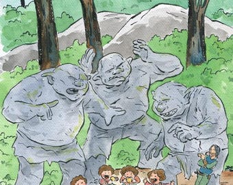 Original Ink & Watercolor Hobbits painting