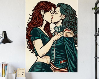Vintage-Style Lesbian Love Art Print Celebrating Queer Romance, Strength and Timeless Devolution