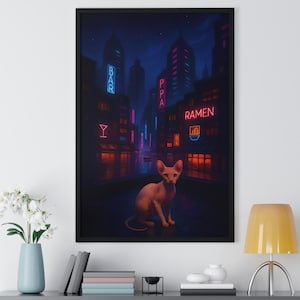 Cyberpunk Cat Poster: Neon Cityscape Vaporwave Art (Digital Download)