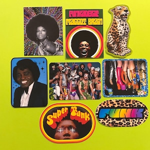 Może przedstawiać: Kolekcja kolorowych naklejek w stylu retro. Naklejki przedstawiają wizerunki muzyków, okładki albumów oraz słowa "Funkadelic Maggot Brain", "Super Funk" i "Funk". Naklejki mają różne kształty, w tym prostokątne i owalne.