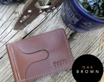 Minimalist Leather Wallet Oak Brown 100% US Made Chromexcel Italian Leather Gunmetal Money Clip Two Exterior Pockets