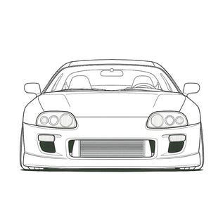 以下が含まれることがあります： 正面から見た白いスポーツカーの線画。車のヘッドライト、グリル、インテリアの詳細が強調されています。この画像は、自動車愛好家に適したミニマリストデザインです。
