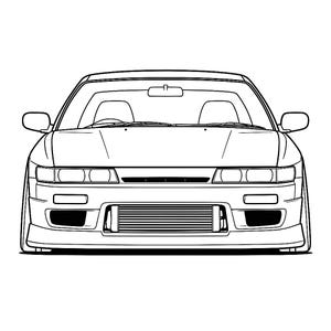 Puede incluir: Ilustración en blanco y negro de la vista frontal de un coche. Se aprecian los faros, el parachoques delantero y los espejos retrovisores. El coche tiene una silueta baja. El diseño es minimalista, centrado en la forma y los detalles.